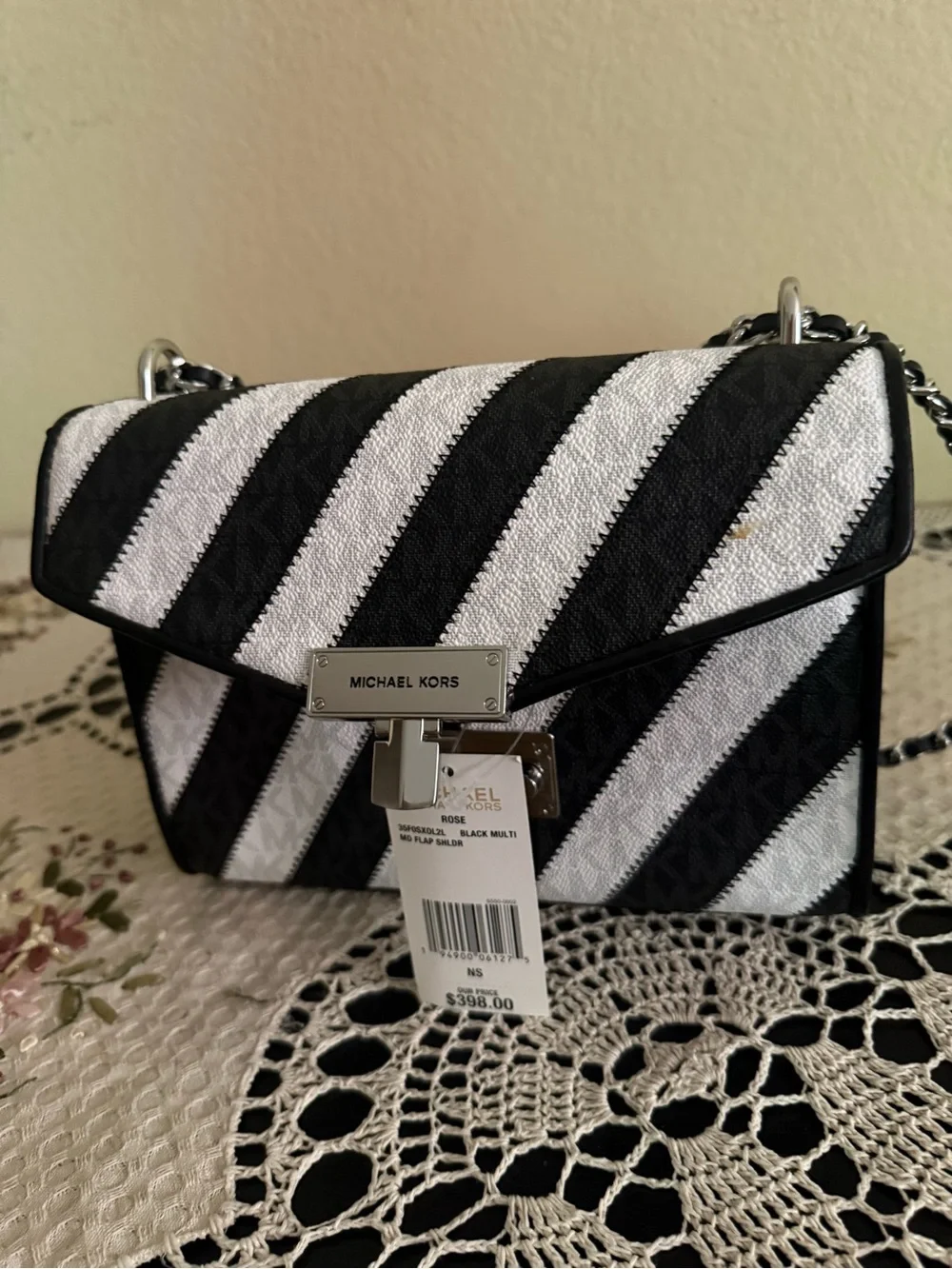 Michael Kors Black and White Diagonal Stripe Chain Shoulder Bag